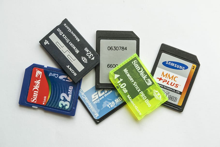 six, assorted-color-and-brand sd cards, Memory Cards, Memory Stick, Media, external, capacity, memory, removable, recording mode