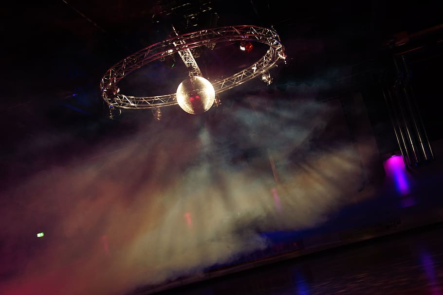 light, technology, lighting, lamps, mirror ball, fog, night, illuminated, arts culture and entertainment, low angle view