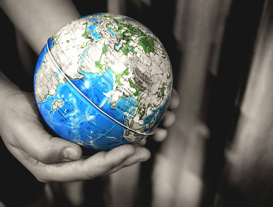 selective, color photography, person, holding, desk globe, Hands, Globe, Earth, globe - Man Made Object, planet - Space