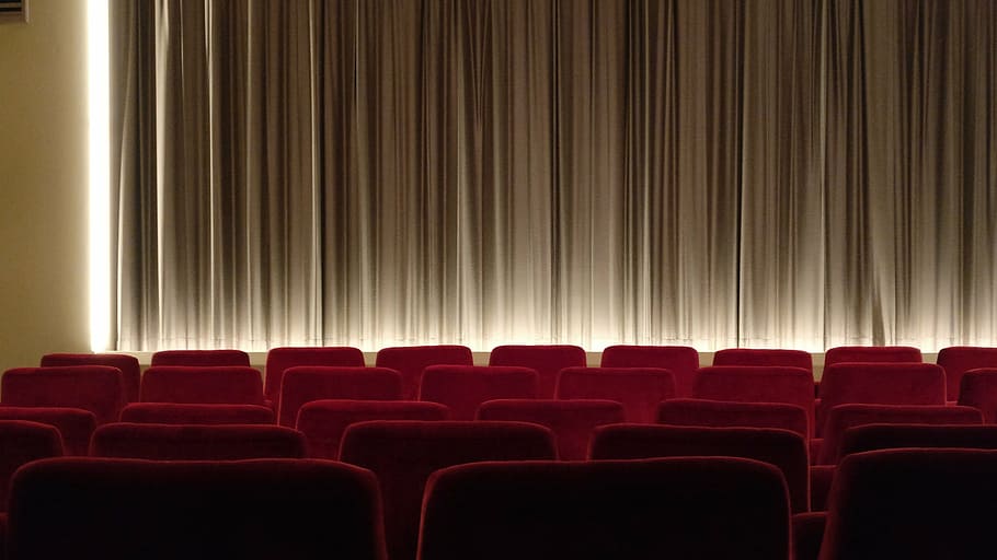 empty, theater, covered, brown, curtain, red, chairs, cinema, canvas, steamed