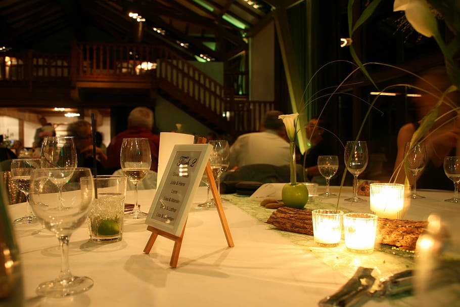 Restaurant, Table, Wedding, Decoration, light, romance, hotel, alcohol, indoors, night