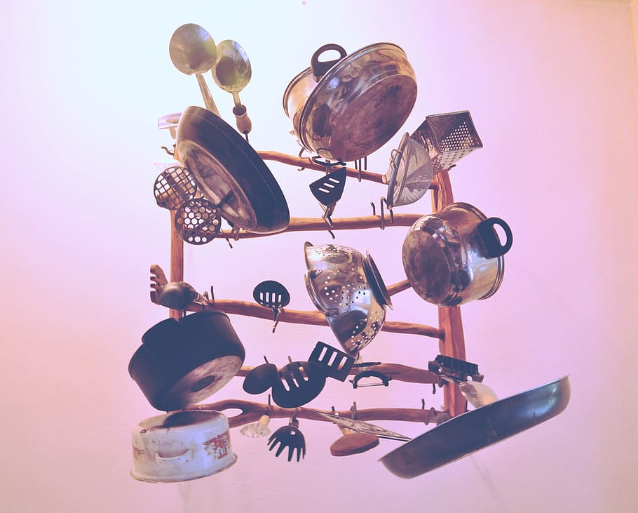 kitchenware, cookware, ladle, pan, colander, wooden, spoon, indoors, variation, still life