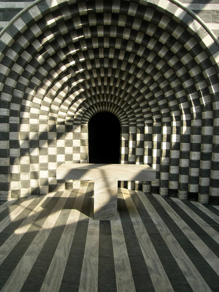 grey, white, striped, optical, illusion, concrete, tunnel hallway, table, optical illusion, tunnel