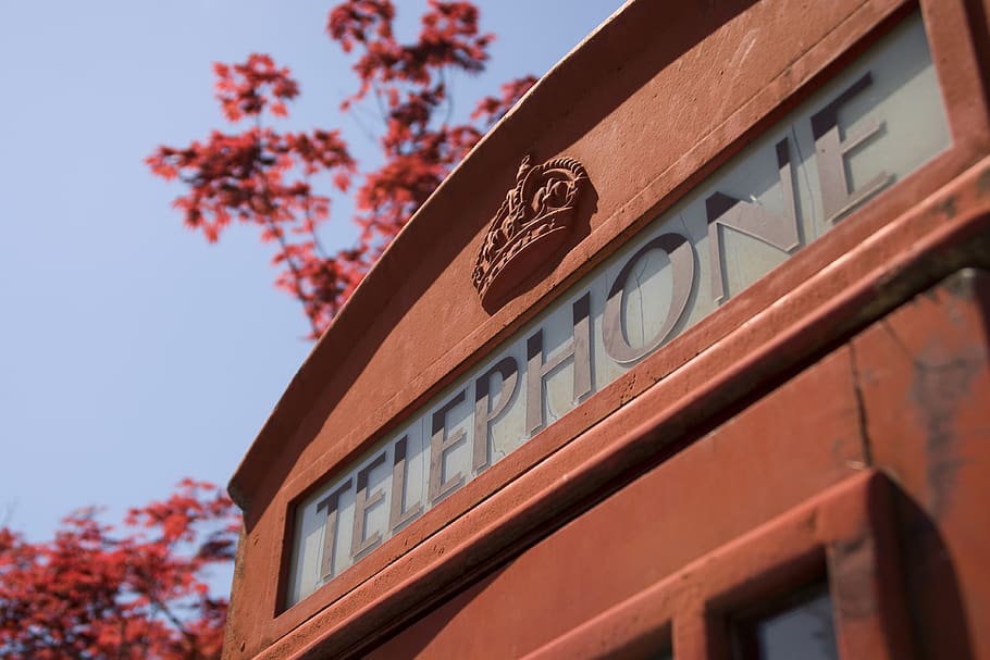 red, telephone, box, london, england, blue, sky, plant, building exterior, low angle view