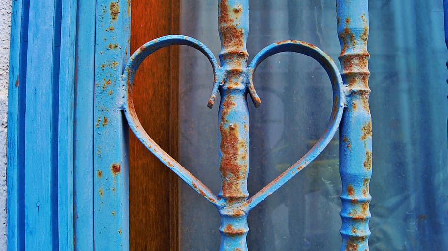 blue metal fence, Heart, Love, Affection, Romance, For You, metal, gate, blue, metal door