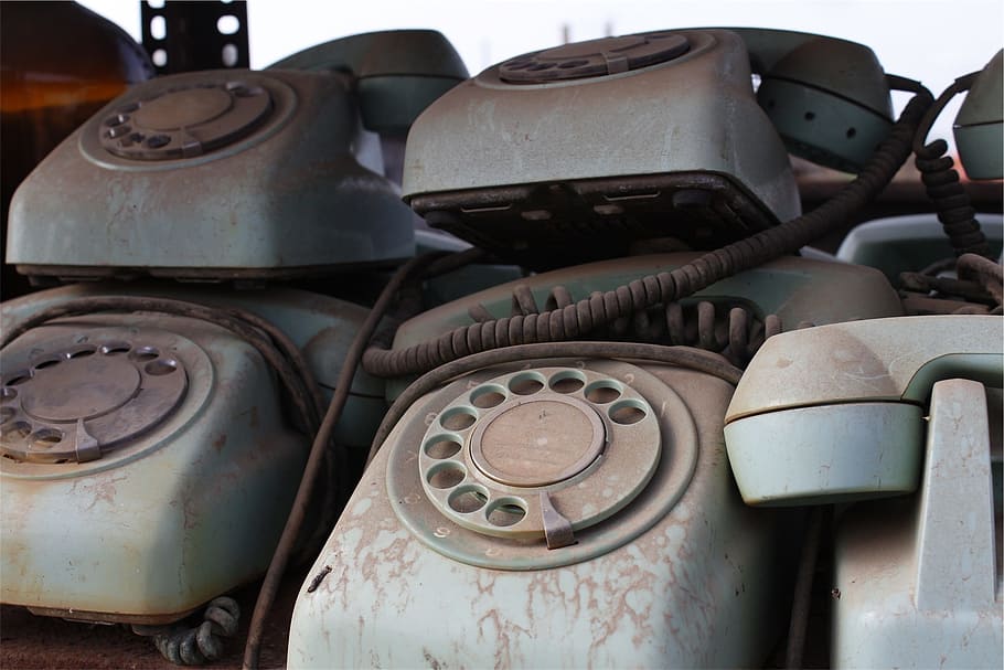 rotary, telephones, antiques, vintage, classic, old, metal, obsolete, abandoned, damaged