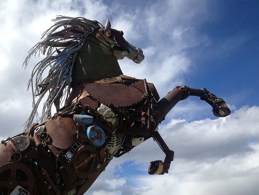 low, angle photo, brown, metal horse statue, iron horse, scrap, metal art, rust, horse, statue