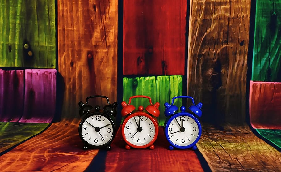 three, black, red, blue, dual-bell alarm clocks, watches, alarm clock, dial, time indicating, time of