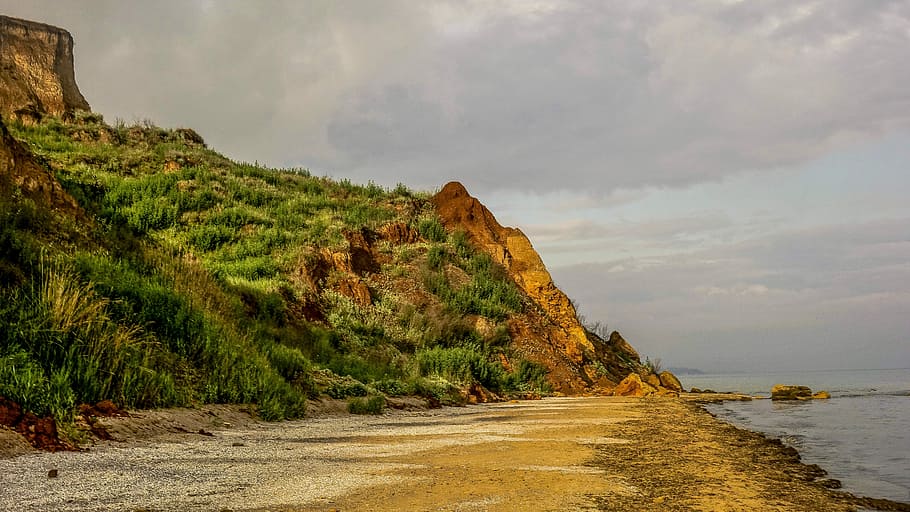 Sea, Partly Cloudy, Beach, Mountain, grass, sand, cloud - sky, nature, water, day