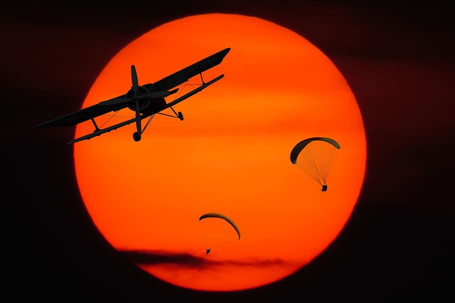 olahraga, emosi, penerbangan, pesawat terbang, bis bertingkat dua, matahari, alam, matahari terbenam, parasut, paraglider