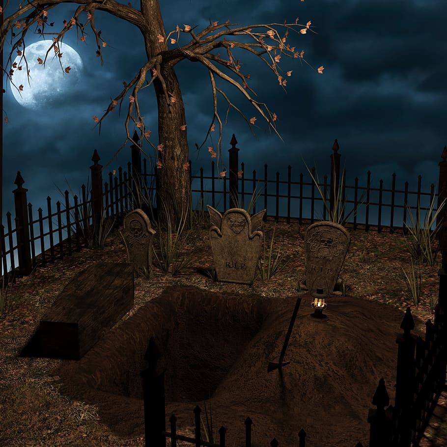 ilustrasi batu kubur, halloween, kuburan, peti mati, bulan, malam, pemandangan, batu kubur, aneh, menyeramkan