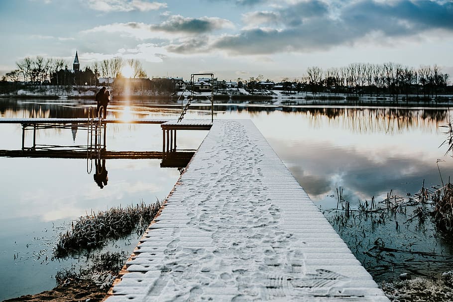 walk, lake, Winter, by the lake, water, pier, couple, wooden, date, snow