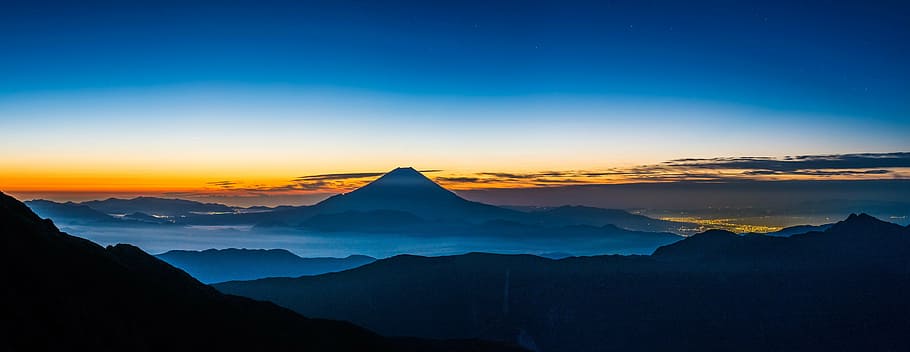 mountains, covered, clouds, panoramic landscape, mt fuji, before dawn, silence, at the foot of the town the lights of the, fujinomiya, japan