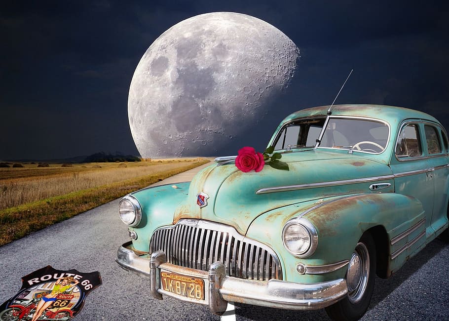 green, car, parked, moon, Oldtimer, Old Car, Classic, Automotive, vintage car automobile, historically