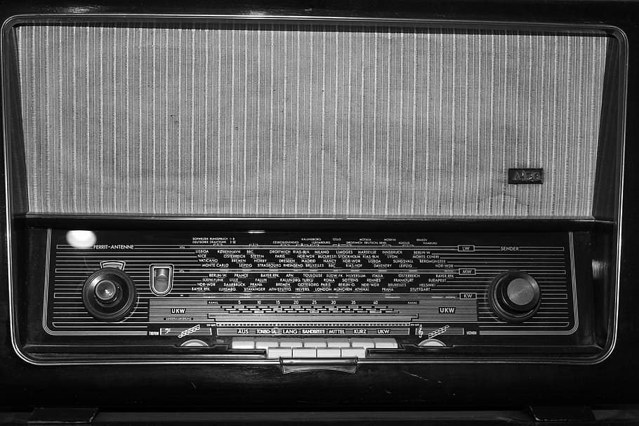 foto grayscale, transistor, radio, tua, nostalgia, radio tabung, musik, speaker, retro, antik