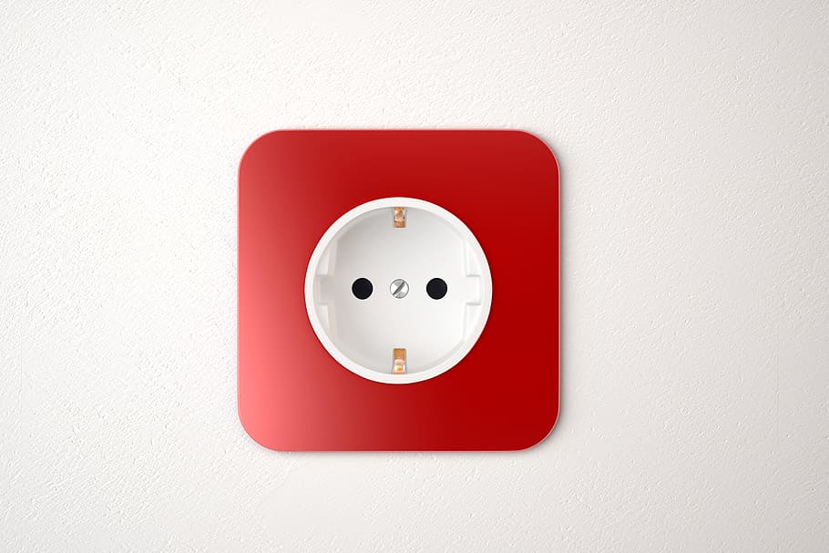 Cuadrado, rojo, blanco, dispositivo de plástico, energía roja, zócalo, pared blanca, energía, pared, eléctrico