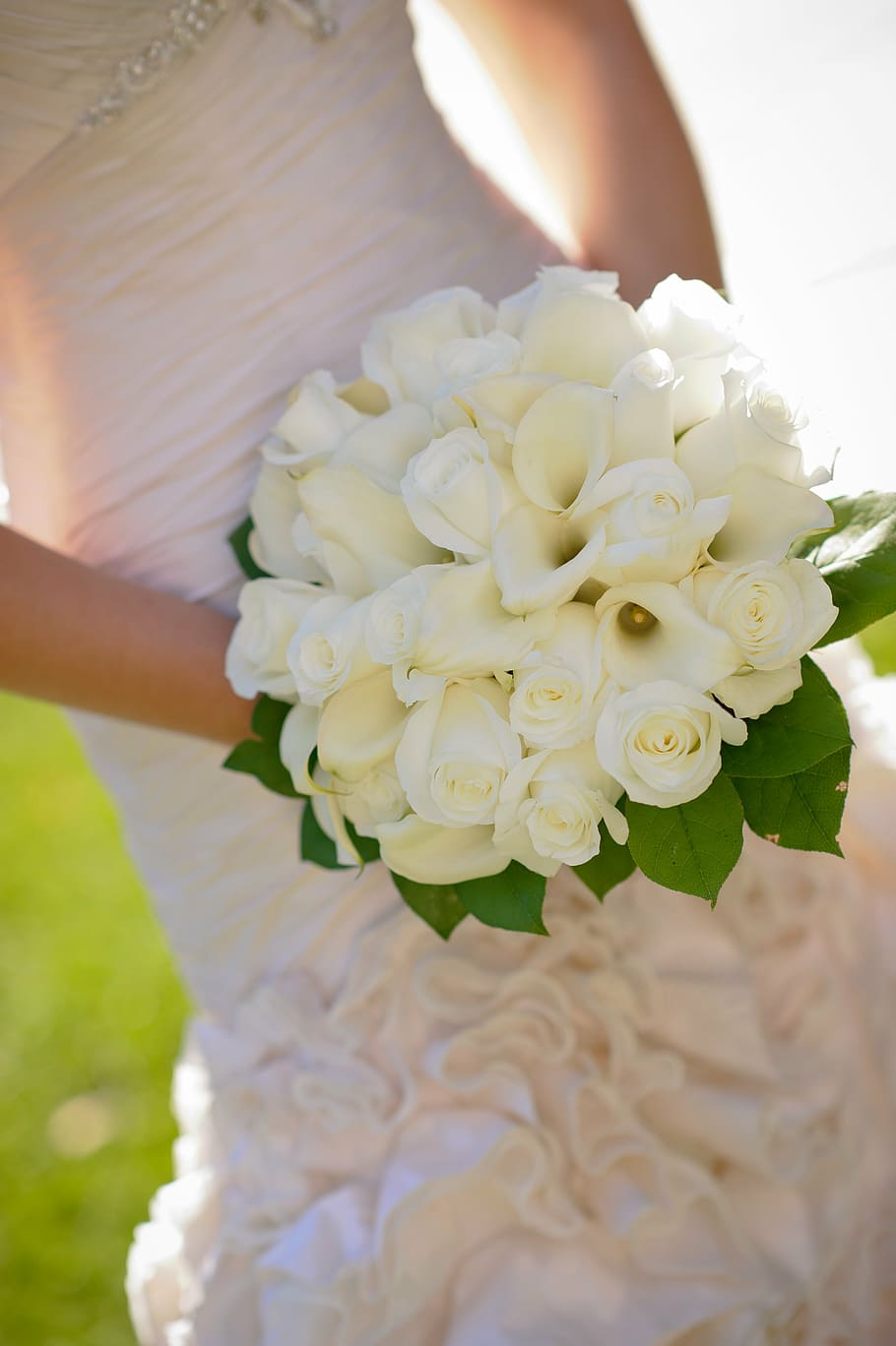 woman, holding, white, flower bouquet, bridal, bouquet, flowers, wedding, bride, women