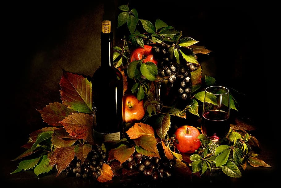 manzanas, uvas, botella de vino, copa de vino, bulle, vino, naturaleza muerta, comida y bebida, hoja, comida