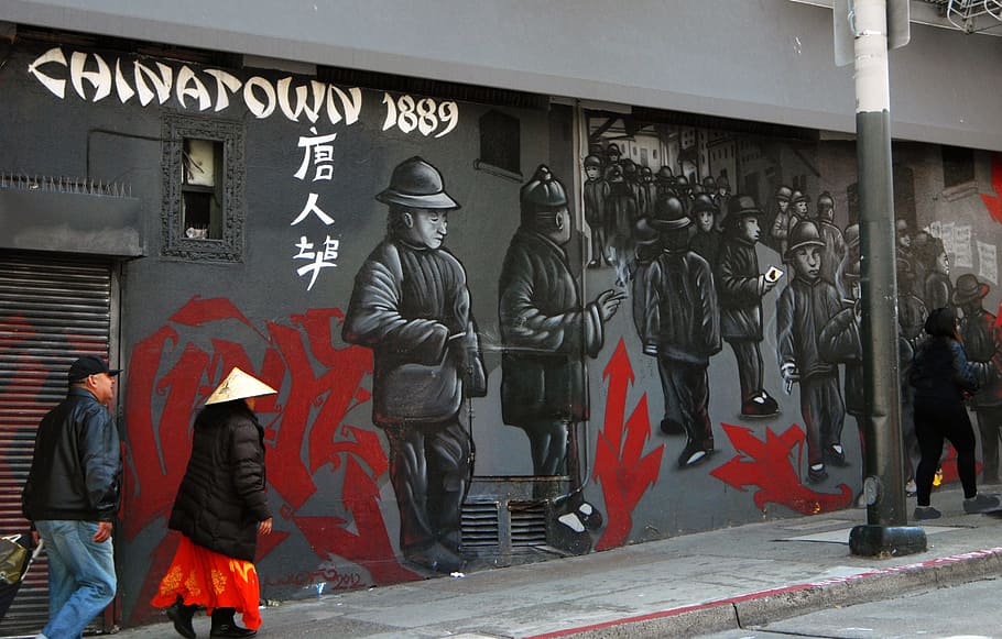 sf chinatown, wall mural, old times, architecture, city, full length, people, clothing, walking, human representation