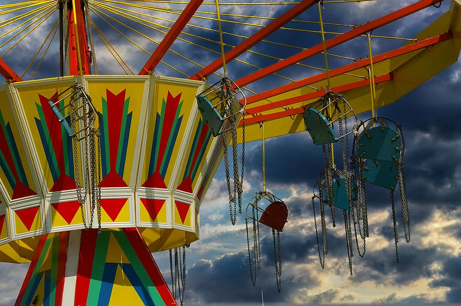 carousel, fair, year market, folk festival, ride, kettenkarussel, theme park, sky, low angle view, cloud - sky