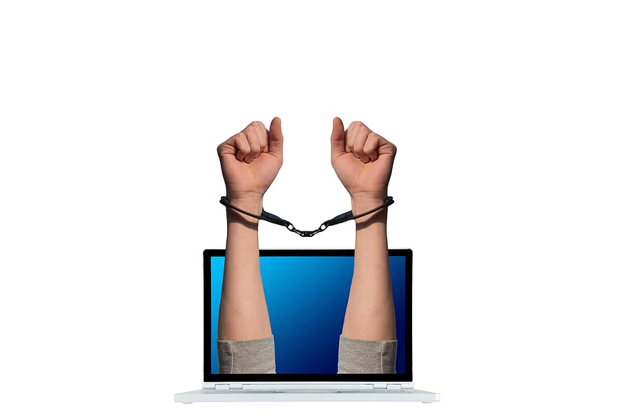 crime, handcuffs, laptop, cyber crime, computer crime, internet crime, security, arrest, criminal, online