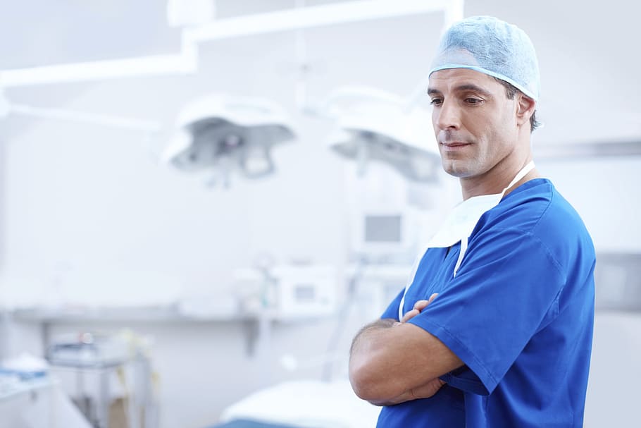 man, wearing, blue, nursing, scrub, top, male, doctor, operating room, dentist