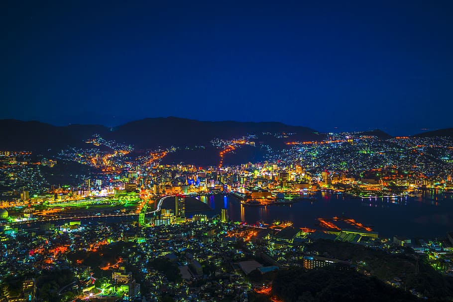 high-angle photography, city, led, night view, nagasaki, japan, kyushu, cityscape, light, the world's three major night view