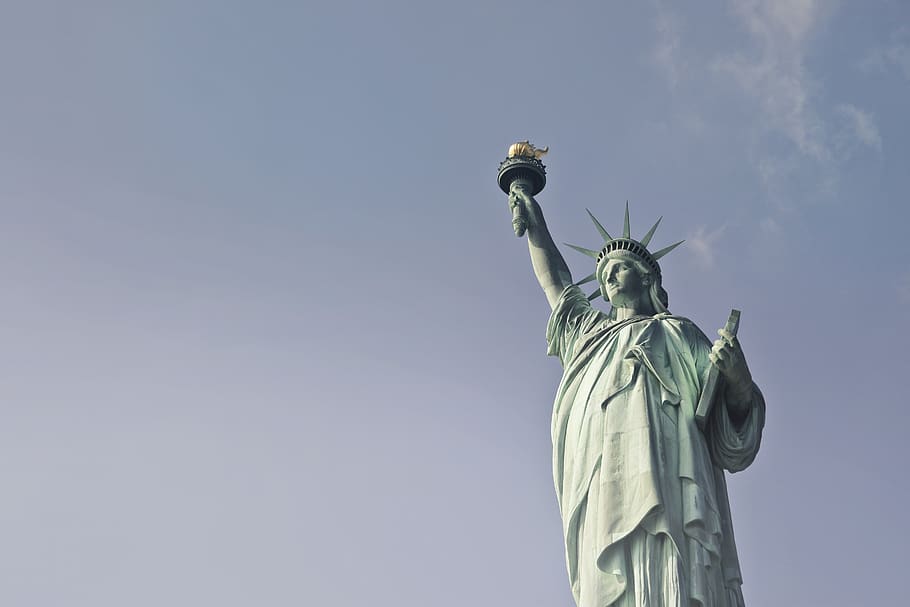 Statue of Liberty, NYC, new york, city, architecture, statue, blue sky, monument, torch, tourism