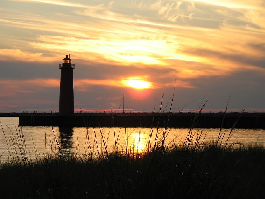 Lighthouse, Sunset, Beach, sky, sunset, beach, lake michigan, direction, reflection, tranquil scene, water