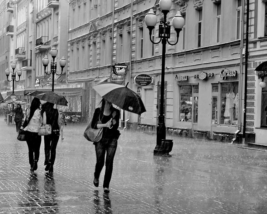 grayscale photo, people, walking, street, moscow, arbat street, rain, bw, rush, umbrella