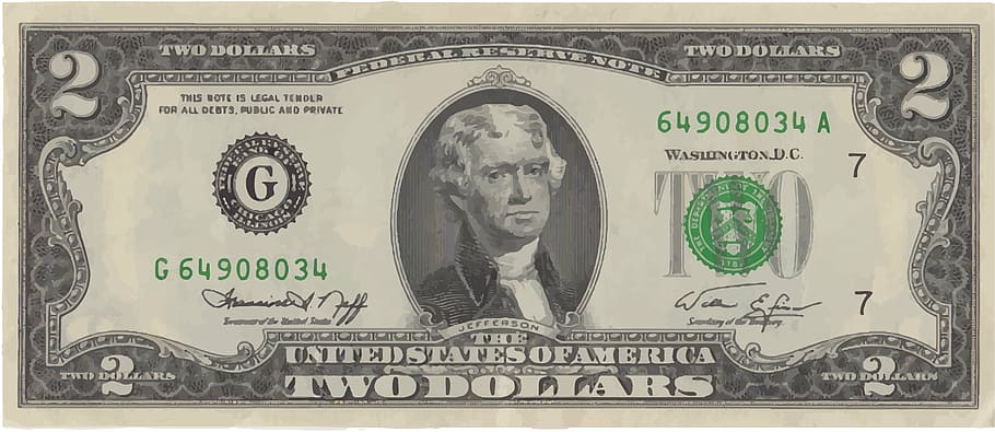 2, us, dollar banknote, currency, cash, banknote, finance, bill, green, white