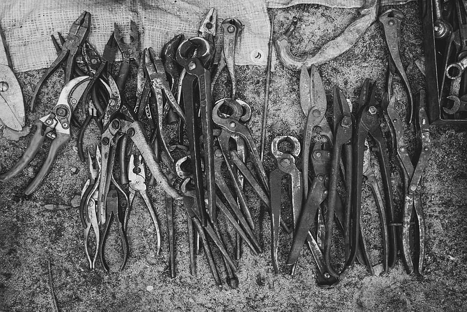 black and white, black, metal, pincers, pliers, tongs, tool, tools, white, workshop