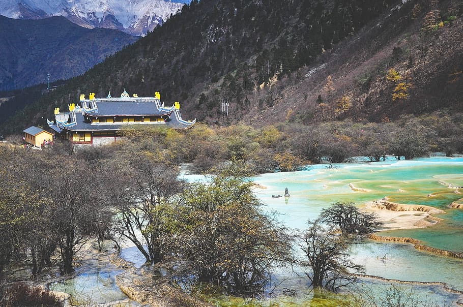 landscape, nature, mountains, hills, trees, water, temple, culture, huang long, sichuan