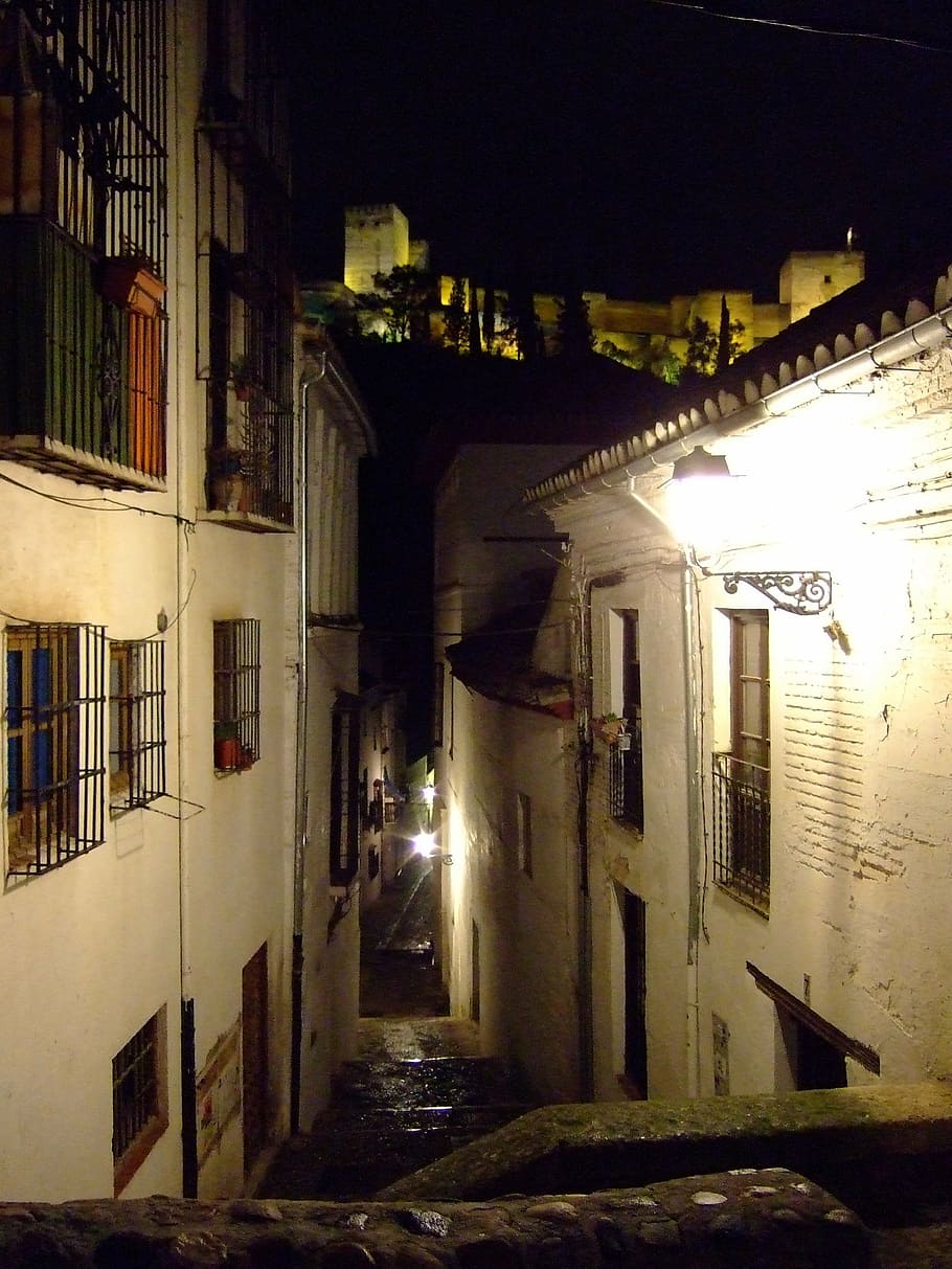 granada, alhambra, albaycín, andalusia, spanyol, arsitektur, eksterior bangunan, struktur bangunan, bangunan, malam