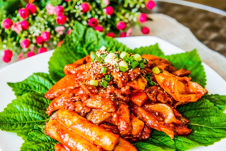 Spicy, Food, tteokbokgi, spicy, food, food and drink, green color, leaf, freshness, plate, ready-to-eat