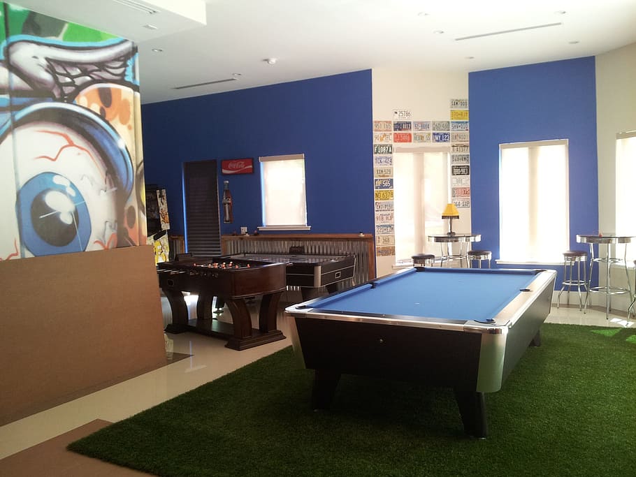blue, brown, wooden, billiard table, green, rug, game room, billiards, entertainment, billiard