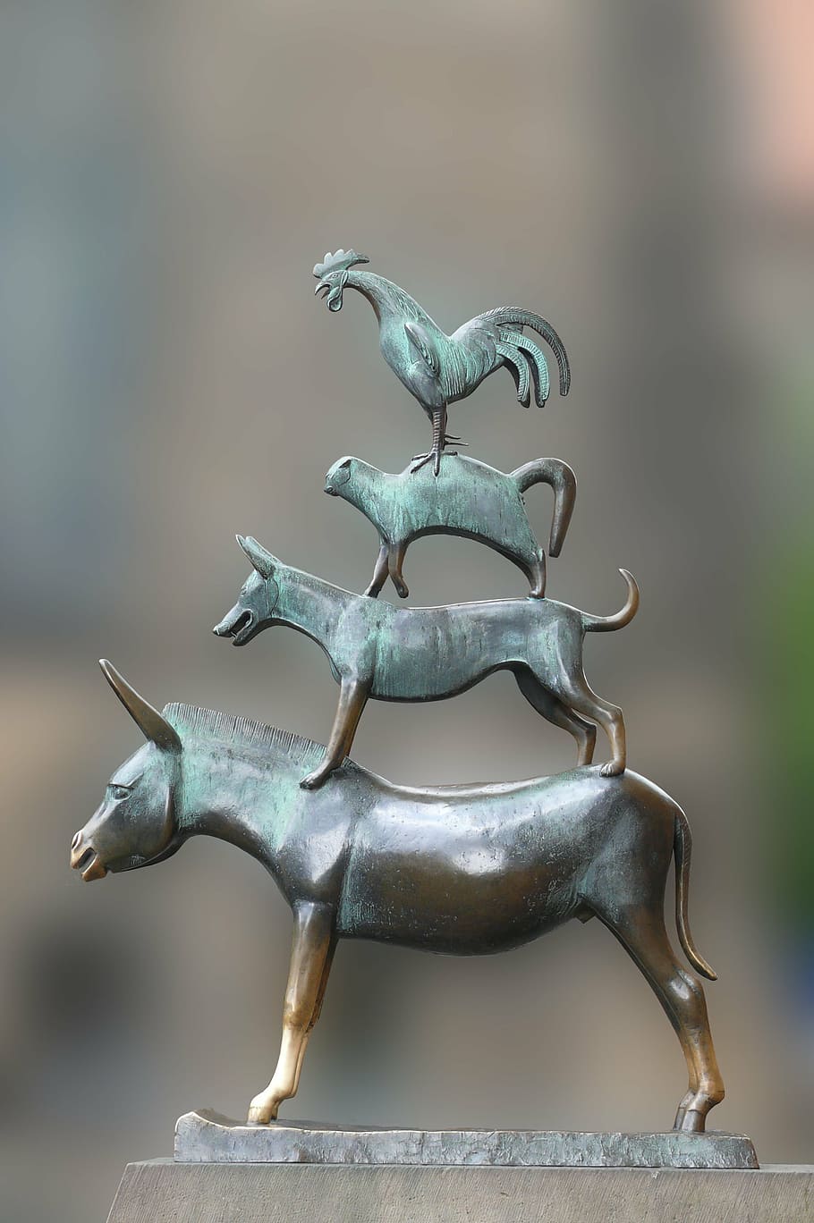 five assorted-animal figurine, bremen town musicians, monument, fairy tales, animals, fantasy, figure, fairy tale, donkey, dog