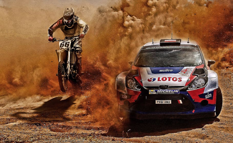 person, riding, motocross dirt bike, white, blue, red, ford fiesta, rally, single seater, racing