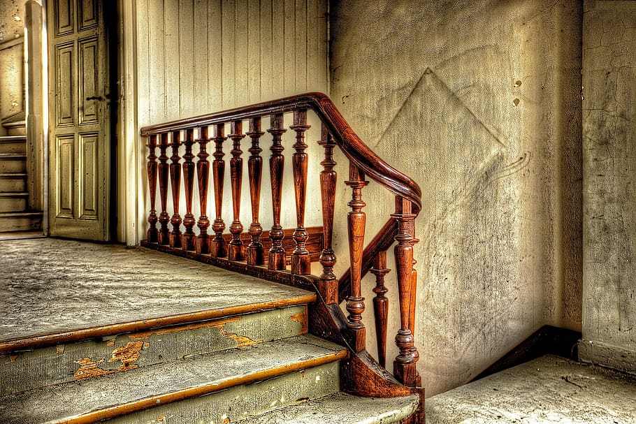 brown wooden handrail, trap, hdr, monastery, expired, old, architecture, expiration, state of decay, building
