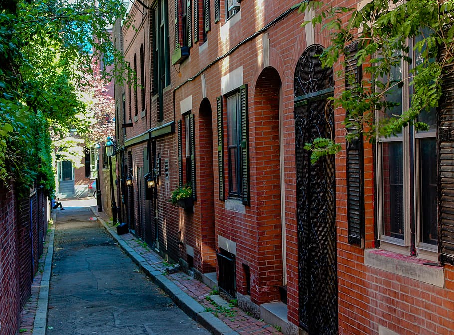 alley, city, street, downtown, brick, buildings, exterior, urban, architecture, narrow