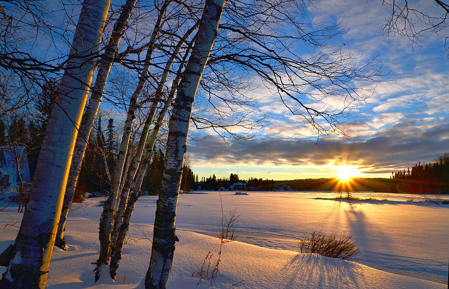time lapse photography, sun, winter landscape, sunset, winter, twilight, nature, clouds, cold, colors