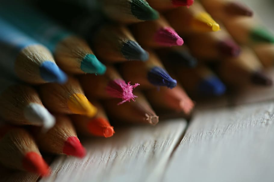 tiro, lápices de color, Closeup, color, arte, lápices, varios, diseñador, educación, aprendizaje