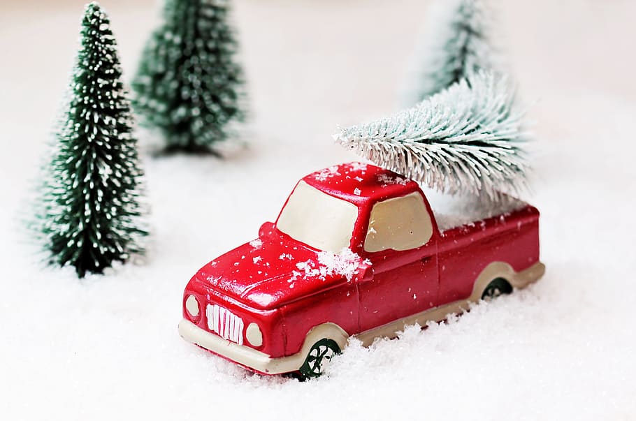 red, single, cab, pickup, truck, die-cast, model, christmas tree, christmas, christmas motif