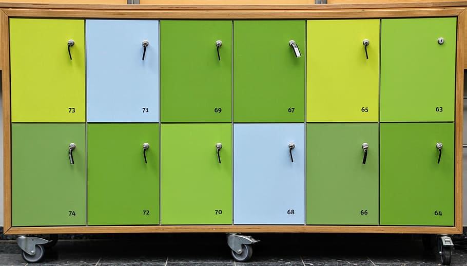 green, brown, blue, wooden, locker cabinet, locker, closing compartments, waste tray read, safe, security