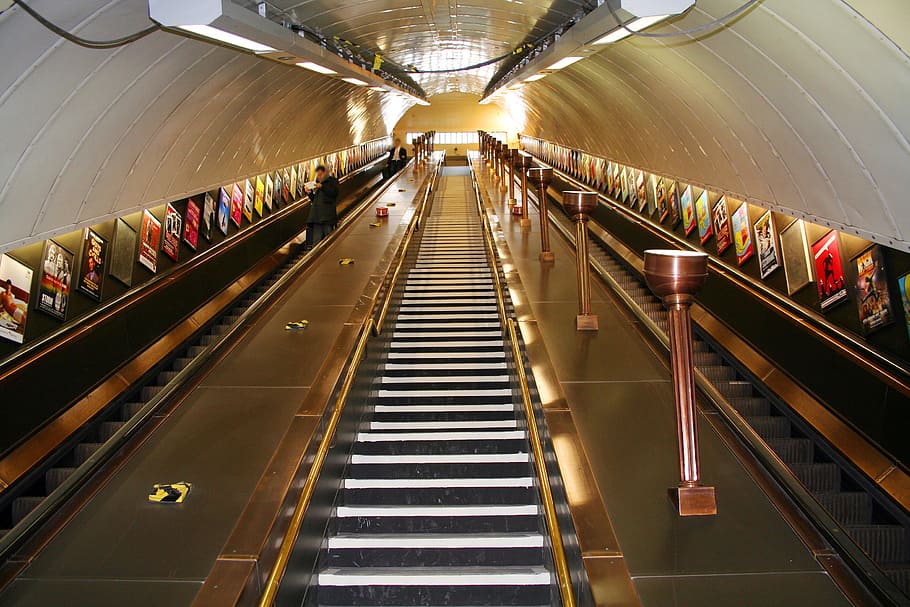 empty escalator, metro, london, escalator, train, track, underground, travel, exit, indoors