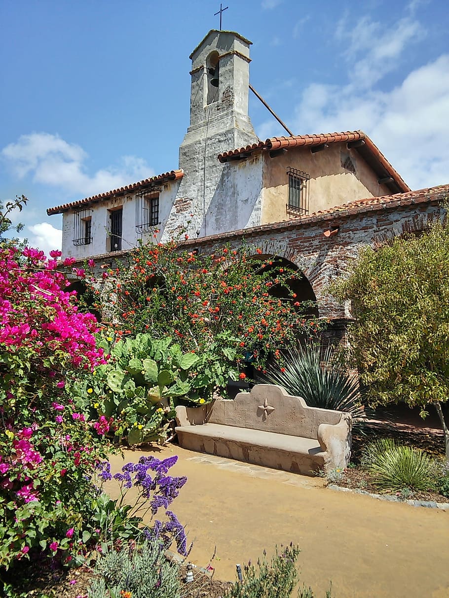 California Mission, Mission, San Juan Capistrano, banco, pacífico, brillante, flores, jardín, sendero, planta