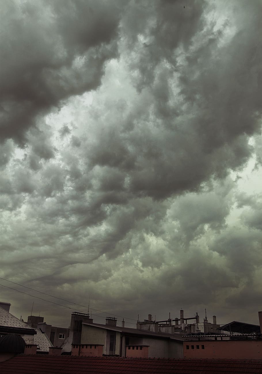 stormy, weather, cloudy, sky, roofs, town, city, dark, cloud, danger