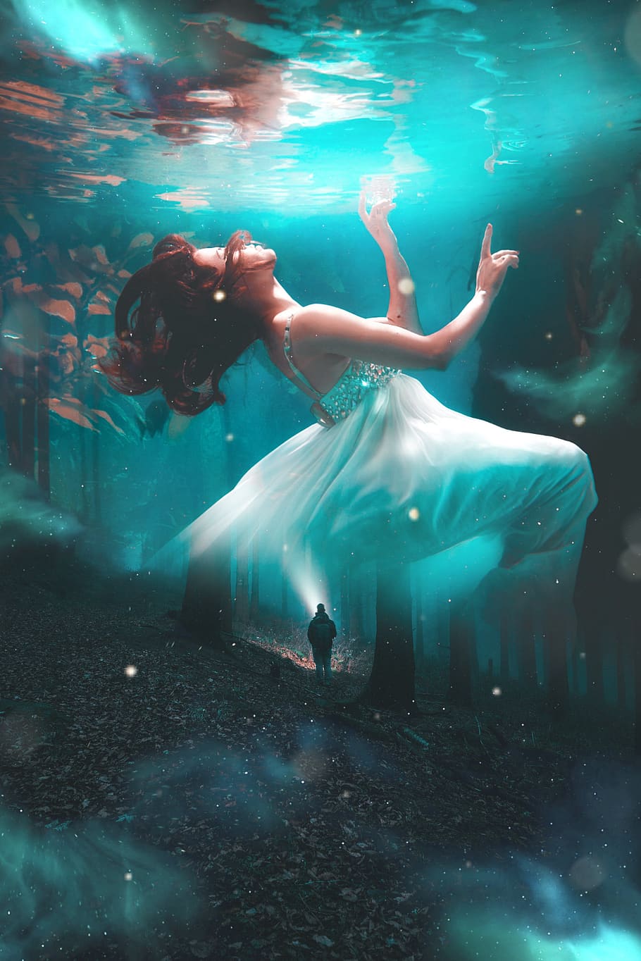 girl, underwater, man, lantern, forest, surrealism, background, fiction, fantasy, shop