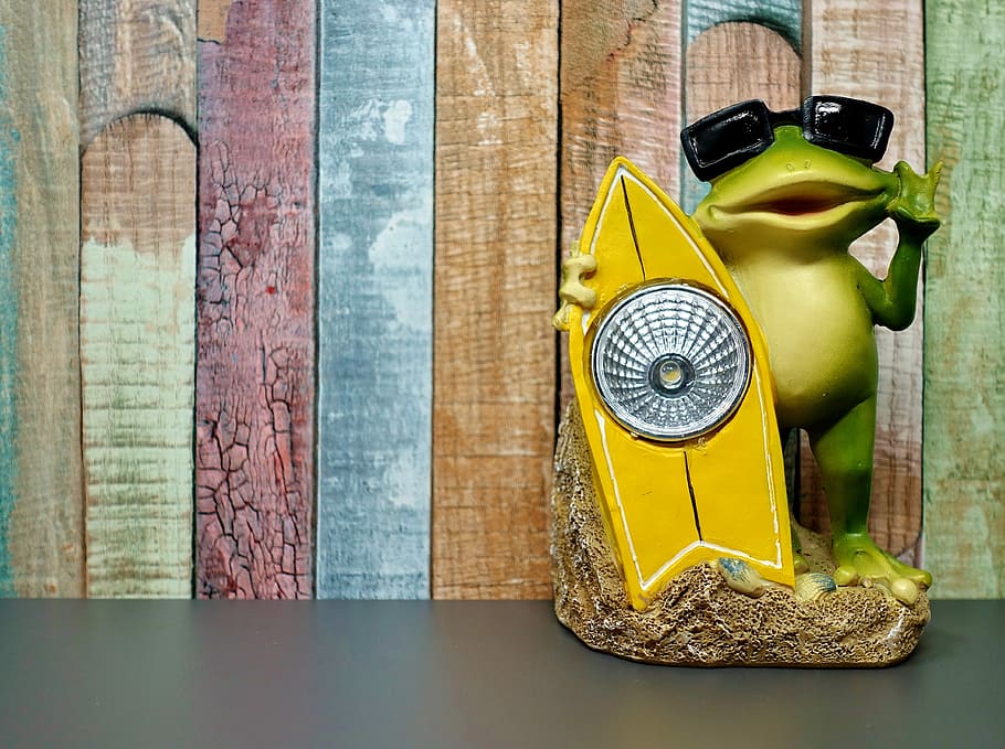 frog, holding, surfboard, ceramic, figurine, holidays, holiday, frogs, funny, figures