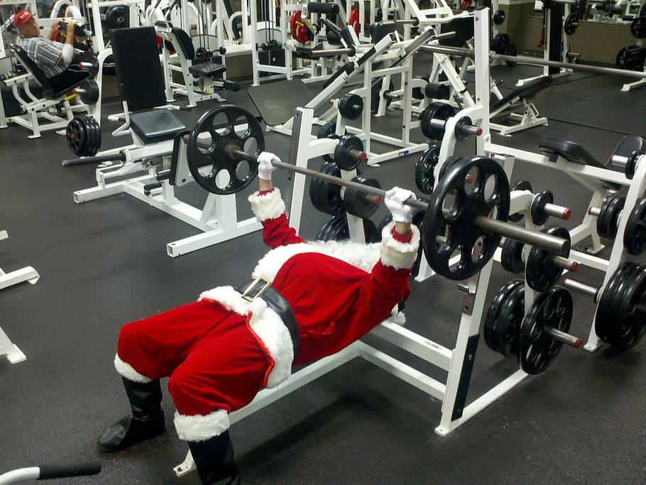 santa claus, weight lifting, exercise, training, bench, bodybuilding, workout, suit, costume, sport